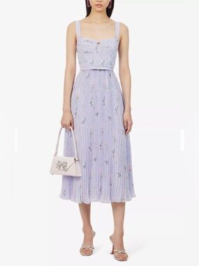 NWT Self-Portrait Lilac Floral Print Pleated Sweetheart Neck Chiffon Midi Dress
